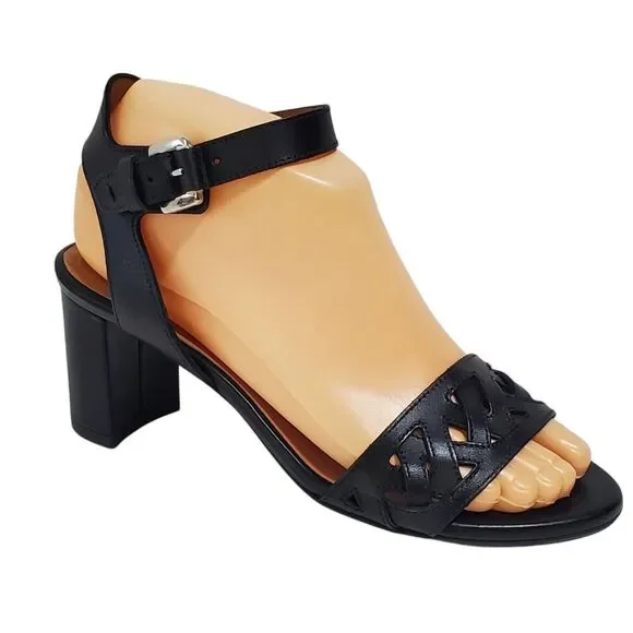 Aquatalia Womens Leather Sandals Sz 6.5M Samara Perforated Block Heel Black - Picture 1 of 8
